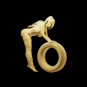 Unpainted Scale Figure 1/35 1/43 1/64 Mechanic Girl Rolling Tire - 3D Printer Resin - Ideal for Dioramas/Collectibles - 1:64 Scales