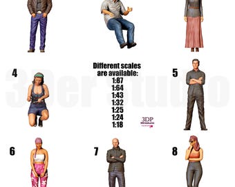 May include: Eight distinct miniature human figures in various outfits and poses, numbered one through eight. Text in the center lists available scales: 1:87, 1:64, 1:43, 1:32, 1:25, 1:24, and 1:18. The figures include individuals in casual, professional, and work attire.