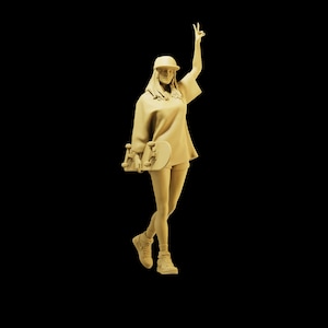 Unpainted Scale Figure 1/35 1/43 1/64 Girl Making V Sign with Skateboard - 3D Printer Resin - Ideal for Diorama/Collectible - 1:64 Scales