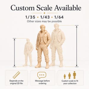 May include: Three unpainted beige resin figurines of a person wearing a jacket, shirt, and cargo pants. Text reads: Custom Scale Available, 1/35, 1/43, 1/64, Other sizes may be possible, Depends on the original 3D file, Message before ordering.
