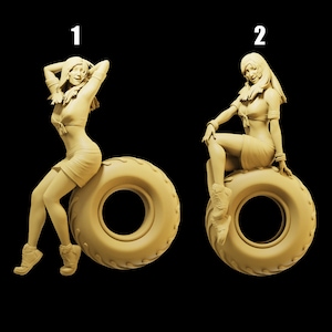 Unpainted Scale Figure 1/35 1/43 1/64 Mechanic Girl Sitting on Large Tire - 3D  Resin - Ideal for Dioramas/Collectibles - 1:64 Scales