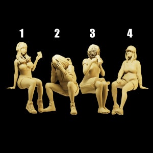 Unpainted Scale Figure 1/35 1/43 1/64 Seated Trendy Cute Girl Resin - Ideal for Dioramas/Collectibles - 1:64 Scales