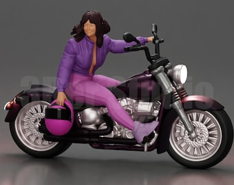 Figura de mujer motociclista con casco y motocicleta cruiser de alta calidad, escalas 1/35, 1/43 y 1/64. Miniatura de resina sin pintar. Elija figura, moto o conjunto.