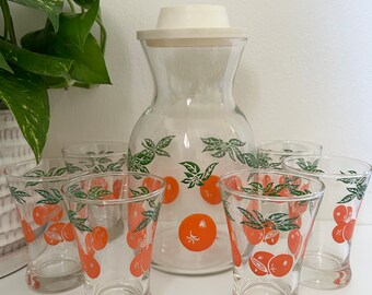 Vintage Orange Decorated Glass Juice Set