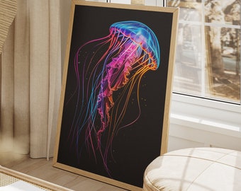 One-Line Neon Jellyfish Wall Art Poster, Minimalist Style, Collection 13 of 16