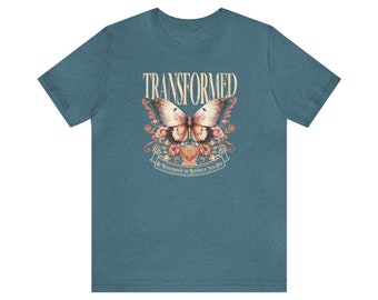 Transformed - Romans, Boho Christian T-Shirt, Christian Shirt, Butterfly Shirt, Scripture, Bible Verse
