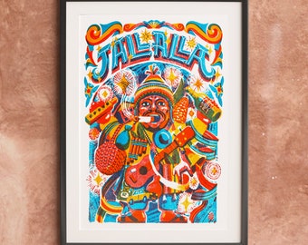 Colorful decorative poster "Jallalla" risography ekeko