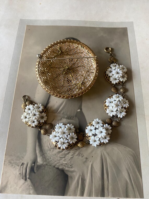 Vintage Miriam Haskell Style Bracelet Brooch Set: White Glass