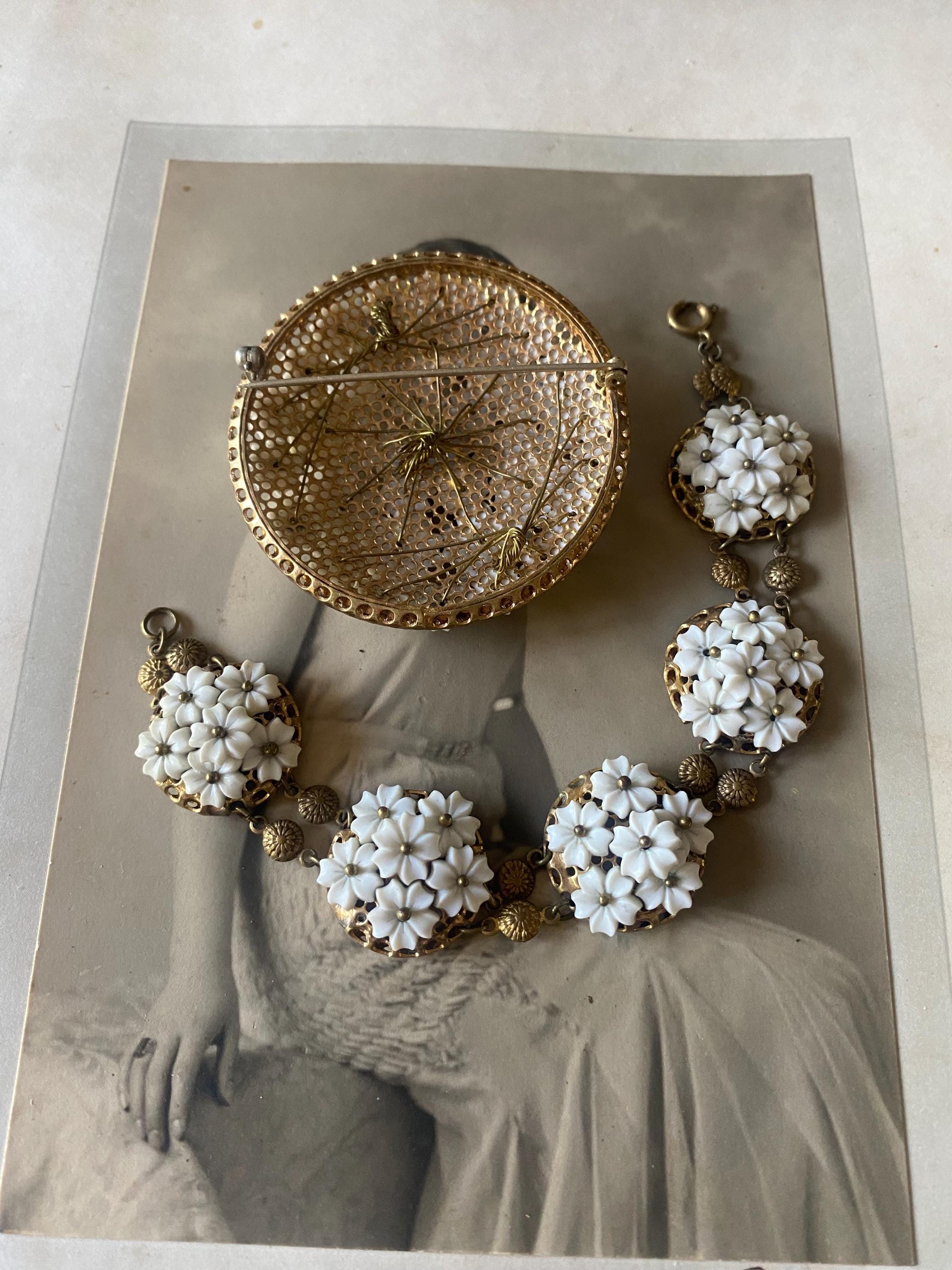 Vintage Miriam Haskell Style Bracelet Brooch Set: White Glass