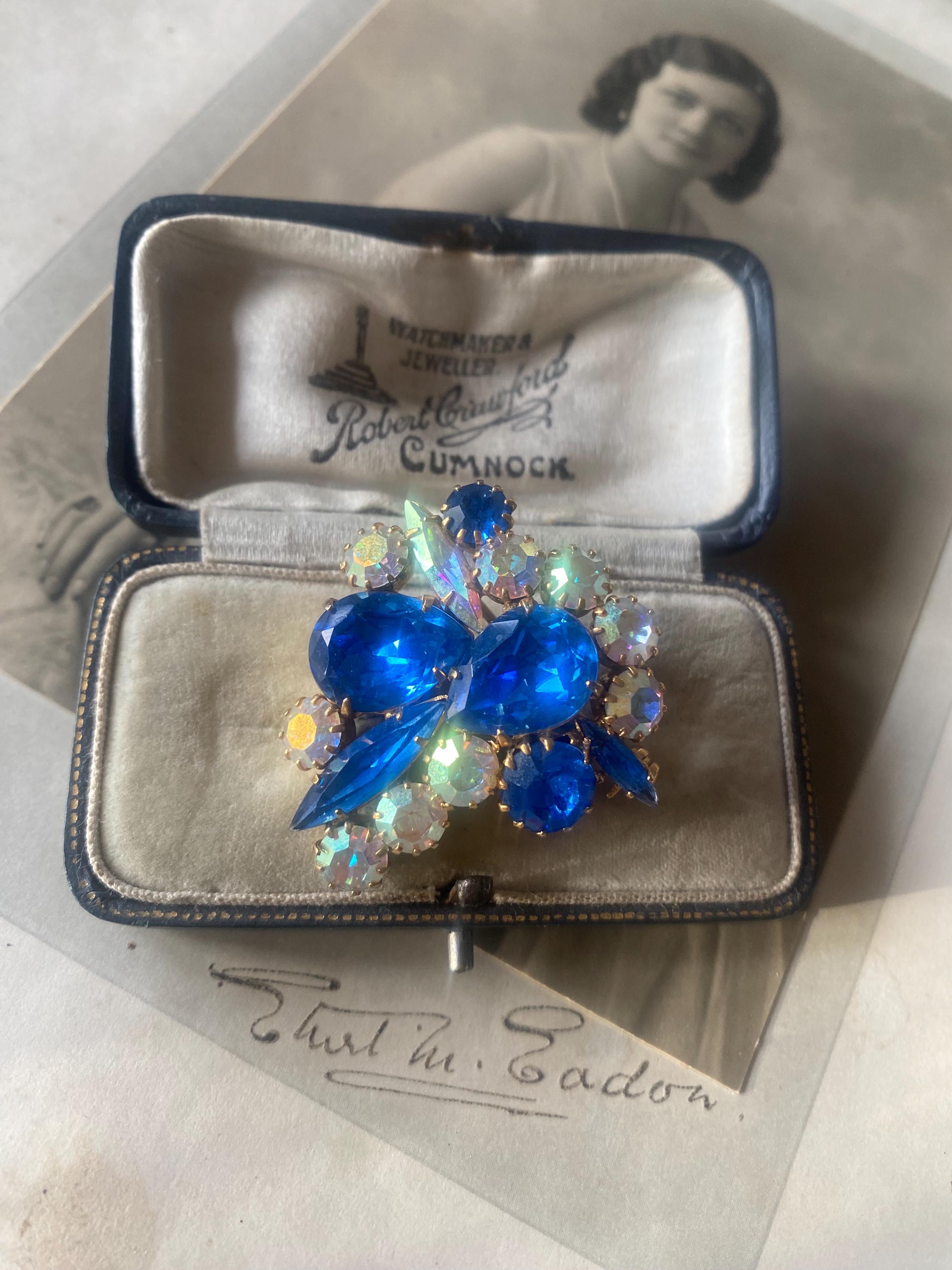 Vintage Czech Sapphire Blue & Swarovski AB Crystal Lace Pin Brooch