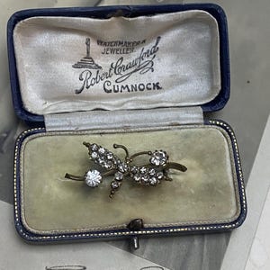 Puede incluir: Un broche vintage de mariposa con diamantes de imitación transparentes engastados en metal dorado. El broche está en una caja de terciopelo azul con la inscripción "Watchmaker Jeweller Robert Crawford Cumnock".