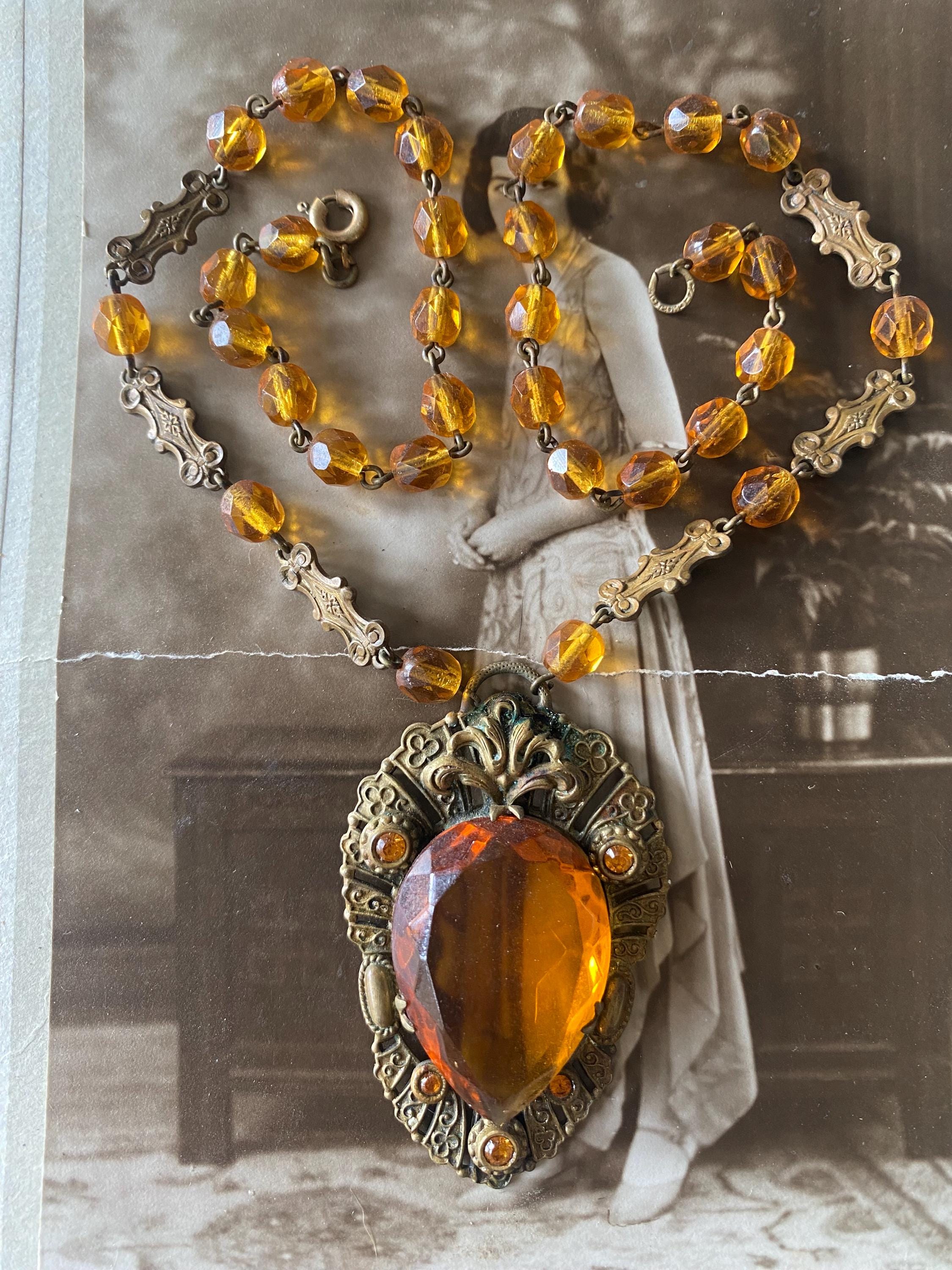 Vintage Art Deco Swarovski Amber Bead Pendant Egyptian  display picture 1