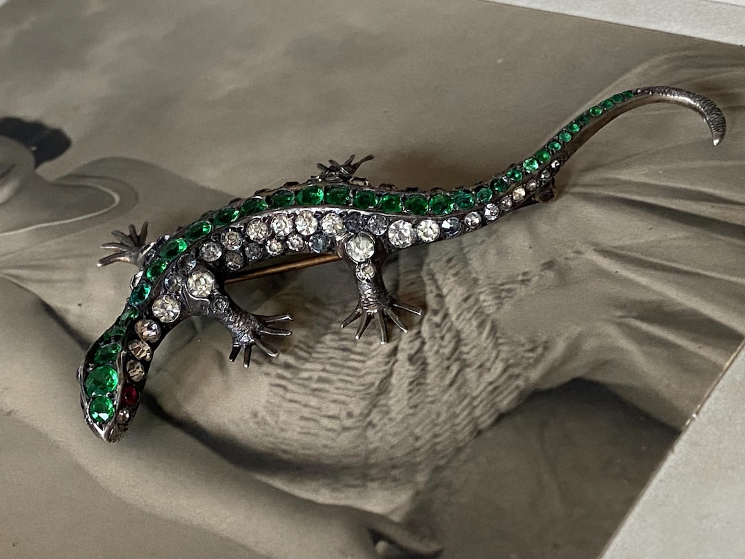 Art Deco 800 Silver Lizard Brooch: Swarovski Rhinestone Emerald ...
