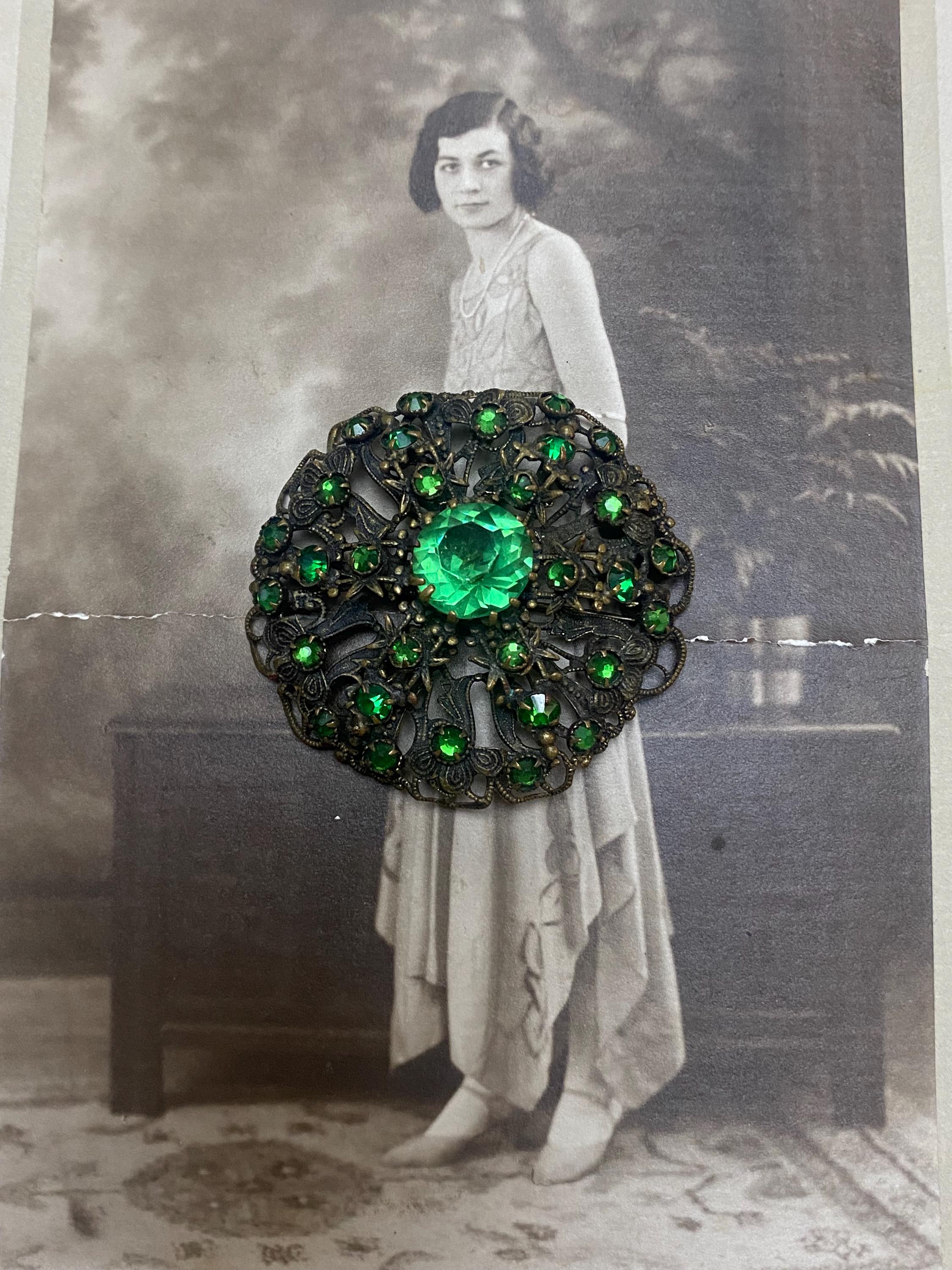 Large Vintage Czech Art Deco Emerald Swarovski Crystal Filigree