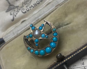 Edwardian Crescent Moon Star Silver Gilt Brooch Pin - Pearls & Turquoise