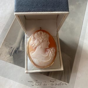 May include: An oval cameo pendant with a woman's profile carved in white against an orange backdrop, set in a gold frame. The pendant is displayed in a small, open, blue-grey box, resting on a vintage photograph.