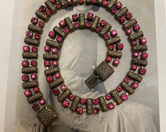 Art Deco Czech Ruby Pink Paste Crystal Filigree Collar Dainty Necklace