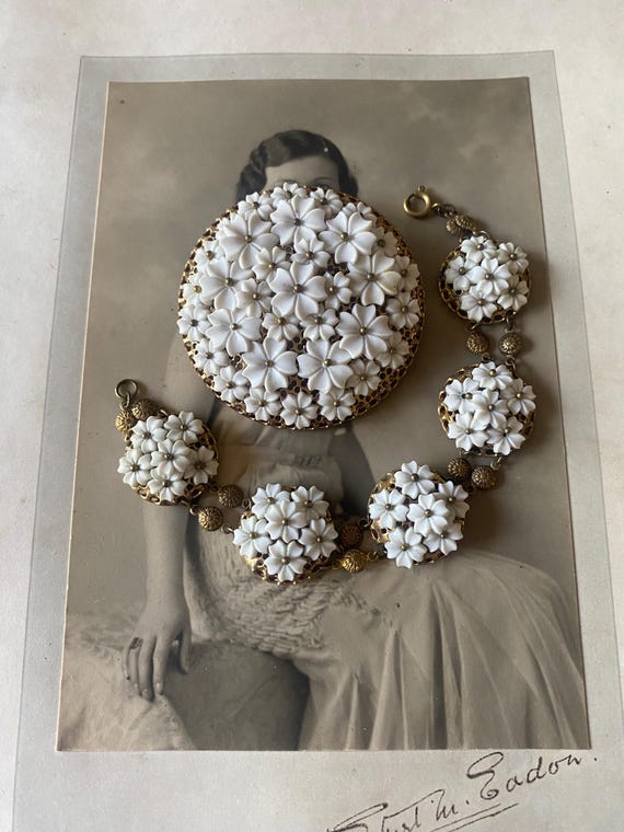 Vintage Miriam Haskell Style Bracelet Brooch Set: White Glass