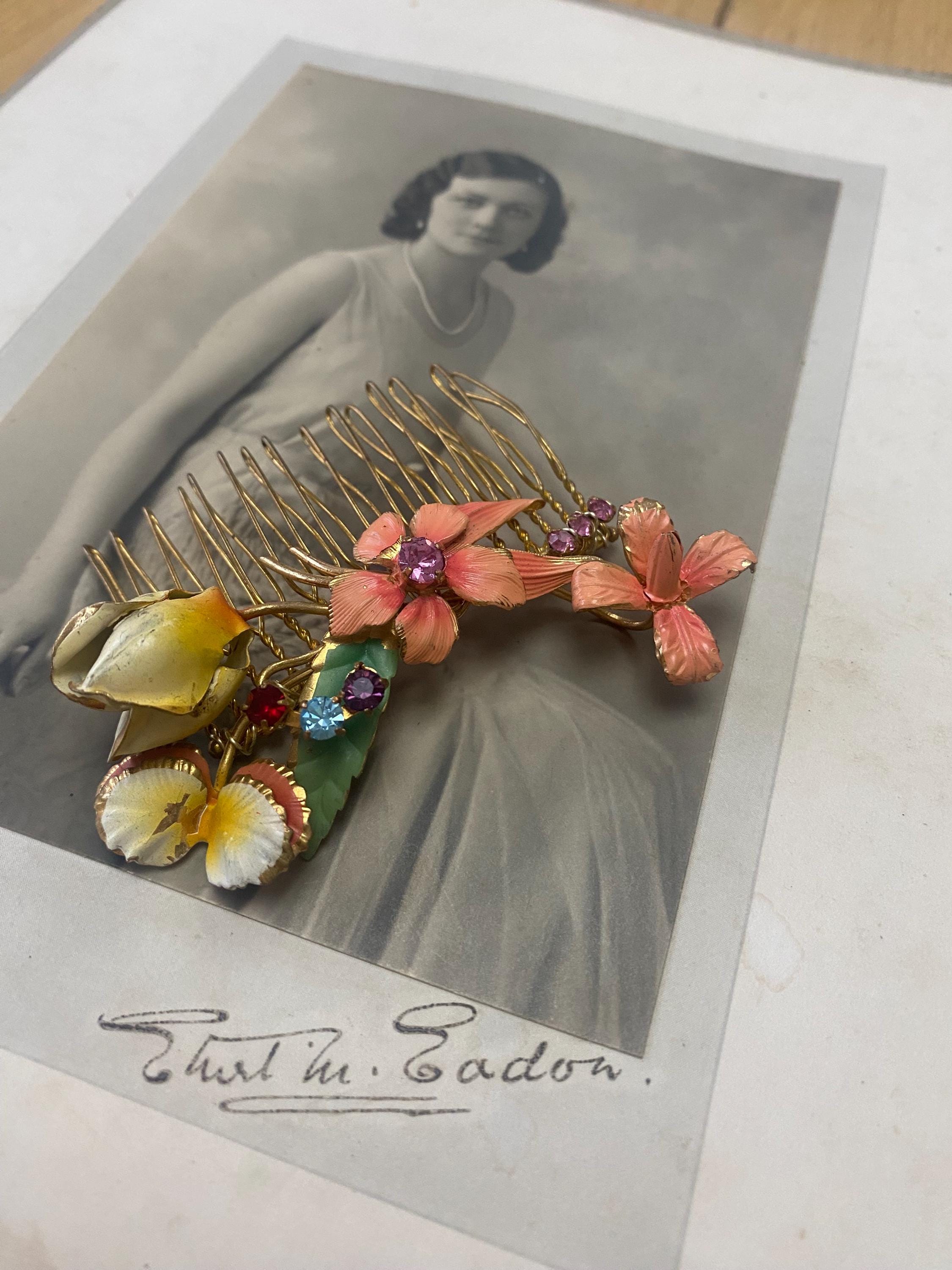 Vintage Floral Hair Comb: Upcycled Enamel & Swarovski 