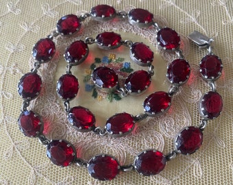 Art Deco Vintage Ruby Red Paste Crystal Collar Silver Necklace