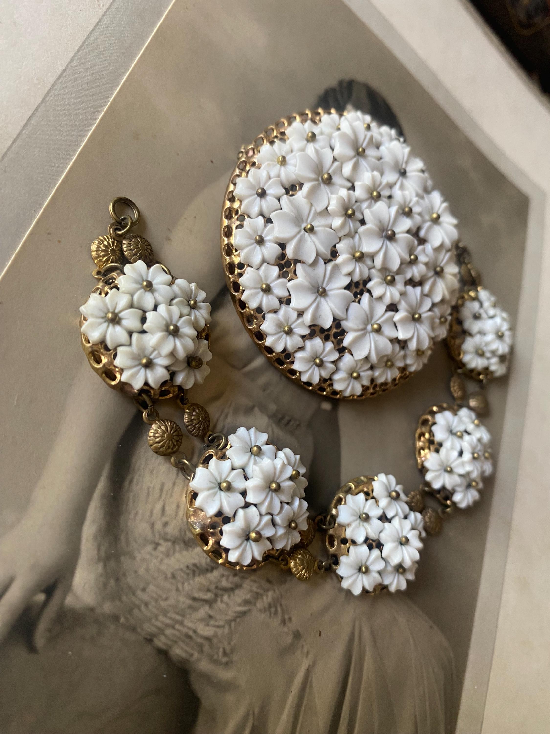 Vintage Miriam Haskell Style Bracelet Brooch Set: White Glass