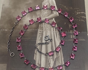 Art Deco Vintage Pink Tourmaline Paste Square Crystal Cased Collar Necklace