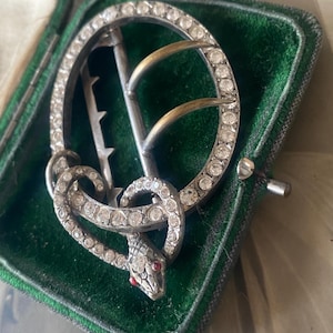 Op de afbeelding: Een vintage zilverkleurige gesp met een slangenontwerp. De gesp is bezet met kleine, heldere strass-steentjes en heeft een slang met rode ogen. De gesp wordt gepresenteerd in een groene fluwelen doos.