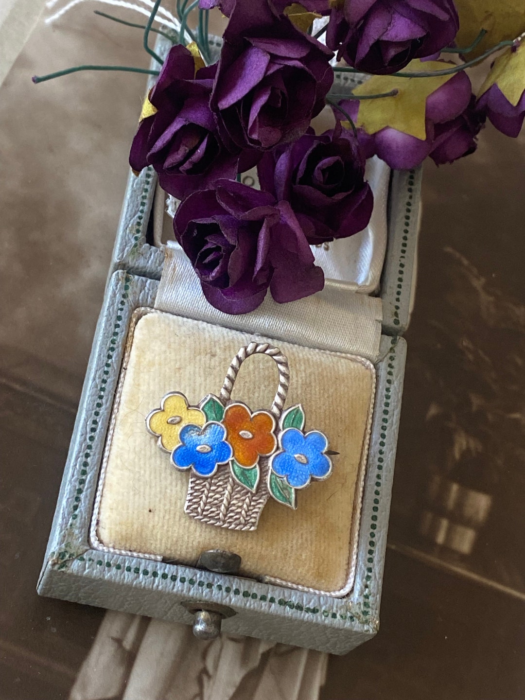 Broche Ancienne Art Déco En Argent Avec Amazonite - Panier Fleuri, Rhodiée Et Poinçonnée, Occasion