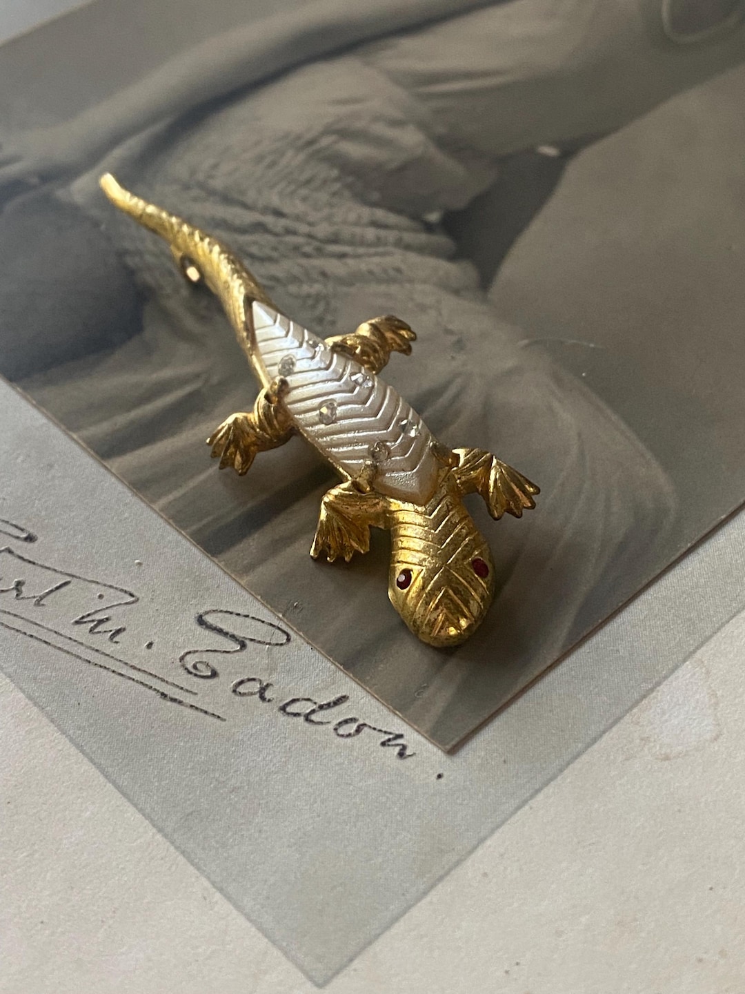 Vintage Lizard Art Deco Revival 1960’s Gold Celluloid Swarovski Crystal ...