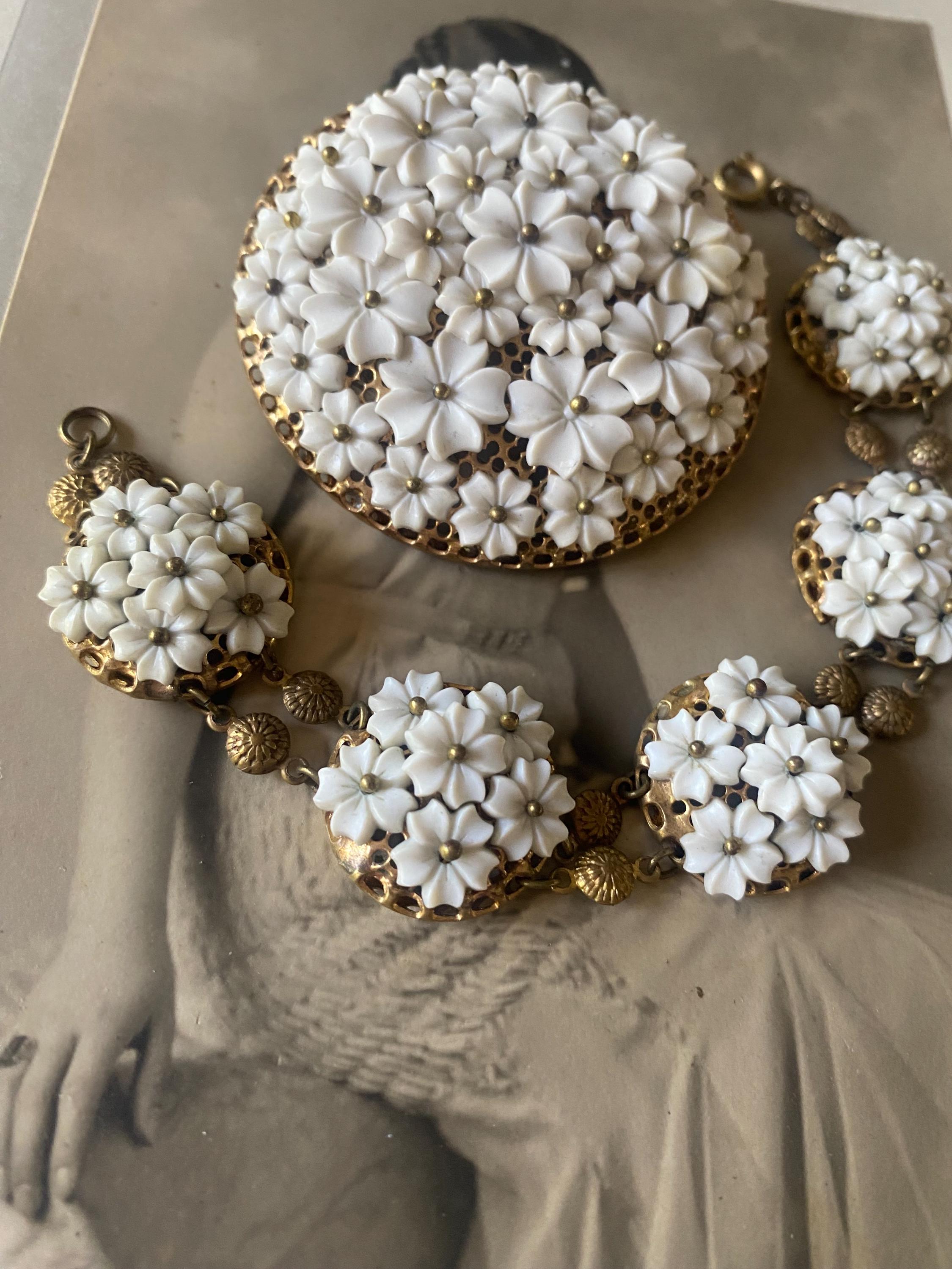 Vintage Miriam Haskell Style Bracelet Brooch Set: White Glass