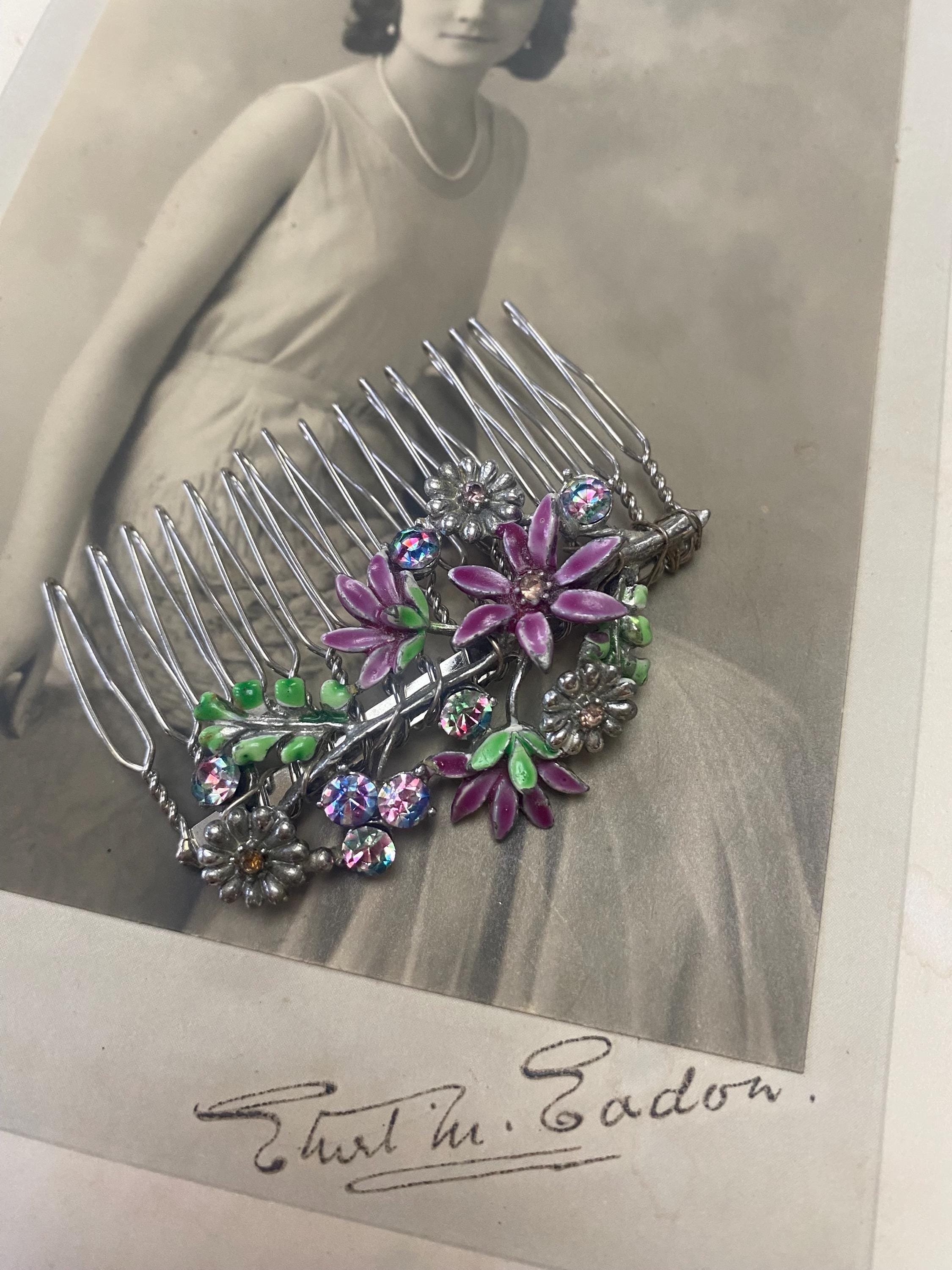 Vintage Floral Hair Comb: Upcycled Enamel Flowers, Iris  display picture 1