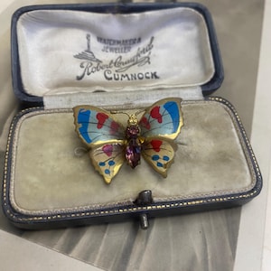 Vintage 1940s Art Deco Butterfly Brooch – Colorful Enamel & Pink Ruby Rhinestones