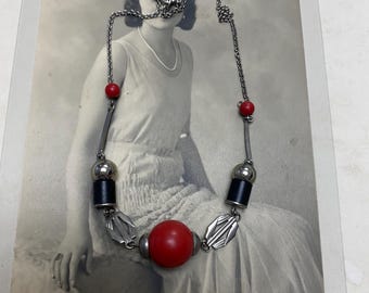 Art Deco Jakob Bengel Machine Age Chrome, Black and Red Galalith Barrel Necklace