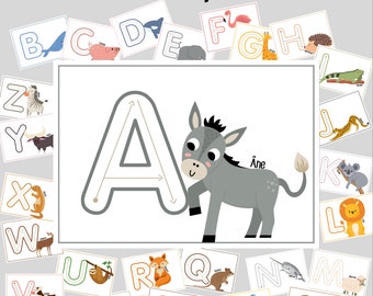 Abécédaire écrire l'alphabet. Apprendre à écrire les lettres capitales. Apprentissage écriture des lettres de l'alphabet. J'écris l'alphabet