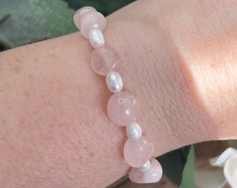 Rose quartz and pearl crystal stretch bracelet dainty feminine wedding jewelry mom gifts mother's day bridal shower