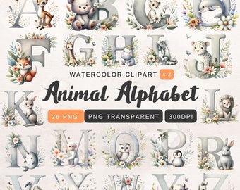 Animal Alphabet Clipart Bundle Watercolor Woodland Letters Png Doodle letters animal doodle letters Animals A To Z  Alphabet PNG  Digital