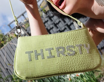 THIRSTY Rhinestone Green Upcycled Handbag Y2K Daddy's Gurl - Resurrected Couture: