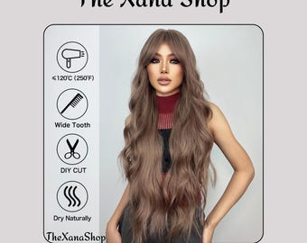Long Wavy Wig with Bangs: Heat-Resistant Synthetic Hair