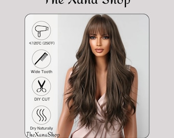 Long Wavy Black Wig with Bangs, Natural Look Synthetic Wig, Heat Resistant, Middle Part Wig for Women, Cosplay, Daily, Party Wig