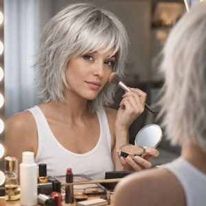 Silver Ash Layered Shag Wig, Heat Resistant Bob with Bangs