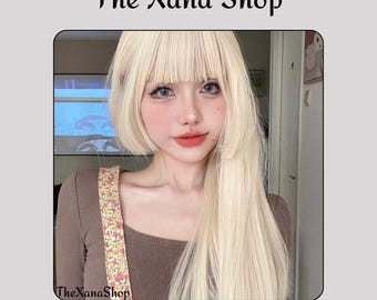 Platinum Blonde Long Wig with Bangs, Natural Look Synthetic Wig, Heat Resistant Hair, Cosplay Wig, Soft Straight Wig, Party Wig