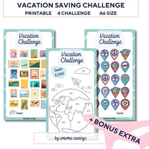 3 x Vacation Savings Challenge, Printable Cash Envelopes, Travel Savings Challenge, 1050 Money Saving challenge, A6 Printable PDF