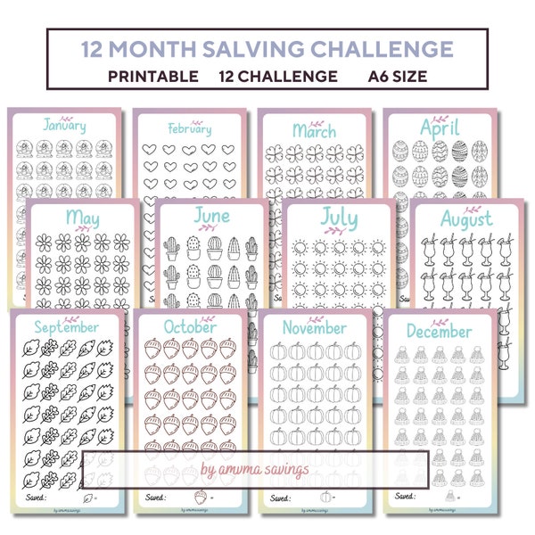 12 Month Money Savings Challenge Printable (January February March April May June July August September October November & December) A6 PDF