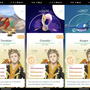 Peut inclure: Trois captures d'écran d'un jeu mobile Pokémon. Terrakion, Cresselia et Kyogre sont présentés avec leurs PC et statistiques. Chaque écran affiche un entraîneur et le texte indiquant le lieu et la date de capture. Le poids est en kilogrammes.