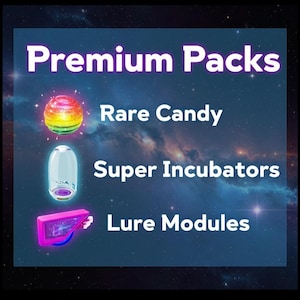 Puede incluir: Gráfico digital con las palabras "Premium Packs" y tres ilustraciones de productos: "Rare Candy", "Super Incubators" y "Lure Modules". El fondo es azul oscuro con un diseño de galaxia.