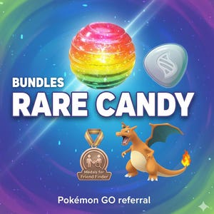 以下が含まれることがあります： ポケモンGOのプロモーション用グラフィック。虹色の珍しいアメ、メガストーン、金メダル、リザードンが描かれています。「Bundles Rare Candy」と「Pokémon GO referral」の文字。