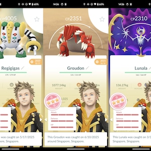 May include: Three screenshots from a mobile game featuring animated characters. The first shows Regigigas, the second Groudon, and the third Lunala. Each screen displays stats, CP, and a trainer.