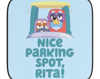 Osłona przeciwsłoneczna do samochodu Bluey Grannies – zabawna osłona na przednią szybę z napisem „Nice Parking Spot, Rita”, osłona przeciwsłoneczna z filtrem UV do samochodu i SUV-a, akcesorium samochodowe