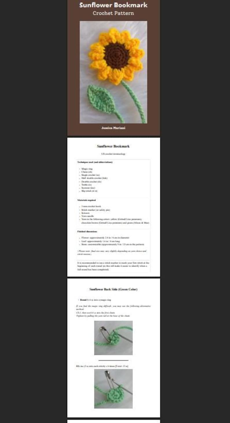 Sunflower Bookmark Crochet Pattern PDF – Easy Flower With Stem & Leaf ...
