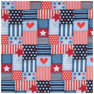 May include: Red, white, and blue patchwork fabric with stars and hearts. The fabric is perfect for quilting, crafts, and home decor.